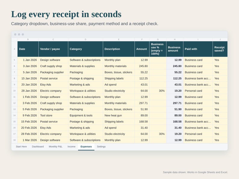 Small Business Expense Tracker Spreadsheet, Profit and Loss Statement P&L for Handmade Sellers, Income and Expense Log, Google Sheets Excel image 3