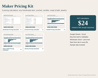 Pricing Calculator Bundle for Makers, Handmade, Crochet, Candle, Soap and Jewelry Pricing Spreadsheets, Etsy Fees, Google Sheets Excel