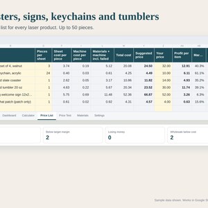 May include: A digital spreadsheet titled Coasters, signs, keychains and tumblers displaying a price list for laser products. The table includes columns for piece, pieces per sheet, costs, suggested price, your price, profit, and status.