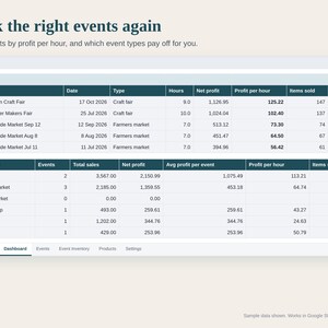 Craft Fair Tracker Spreadsheet, Market and Pop Up Sales Tracker, Booth Fee and Profit per Event, Vendor Inventory Log, Google Sheets Excel image 4