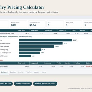 May include: A digital Jewelry Pricing Calculator dashboard interface displaying data tables, profit metrics, and a bar chart for items like a birthstone ring, pearl necklace, and earrings, with navigation tabs for Google Sheets and Excel.