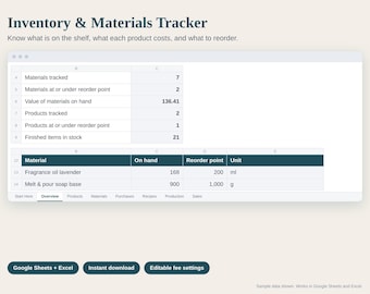 Inventar-Tabelle für Kleinunternehmer und Kunsthandwerker, Material- und Zubehörverfolgung, Produktkostenkalkulationen, Google Sheets Excel
