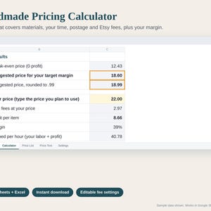 Handmade Pricing Calculator Spreadsheet for Small Business, Etsy Price Calculator with Fees, Craft Pricing Formula, Google Sheets and Excel image 1