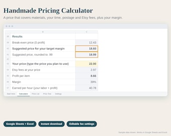 Handmade Pricing Calculator Spreadsheet for Small Business, Etsy Price Calculator with Fees, Craft Pricing Formula, Google Sheets and Excel