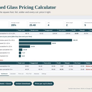 Stained Glass Pricing Calculator Spreadsheet, Suncatcher and Panel Cost Calculator, Glass per Sq Ft, Foil and Solder, Google Sheets Excel