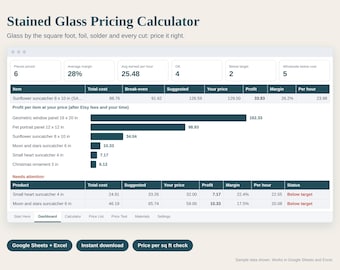 Stained Glass Pricing Calculator Spreadsheet, Suncatcher and Panel Cost Calculator, Glass per Sq Ft, Foil and Solder, Google Sheets Excel