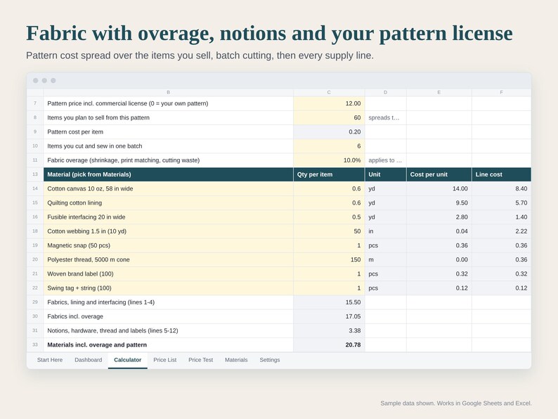 Sewing Pricing Calculator Spreadsheet, Sewing Cost Calculator, Fabric, Notions and Pattern License Cost, Wholesale, Google Sheets Excel image 2