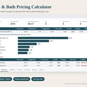 Soap Pricing Calculator Spreadsheet, Cost per Bar, Bath and Body Product Pricing, Batch Recipe Cost, Wholesale Retail, Google Sheets Excel image 1