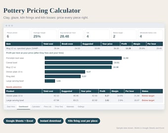 Pottery Pricing Calculator Spreadsheet, Ceramics Cost Calculator, Kiln Firing Cost per Piece, Wholesale and Retail, Google Sheets Excel