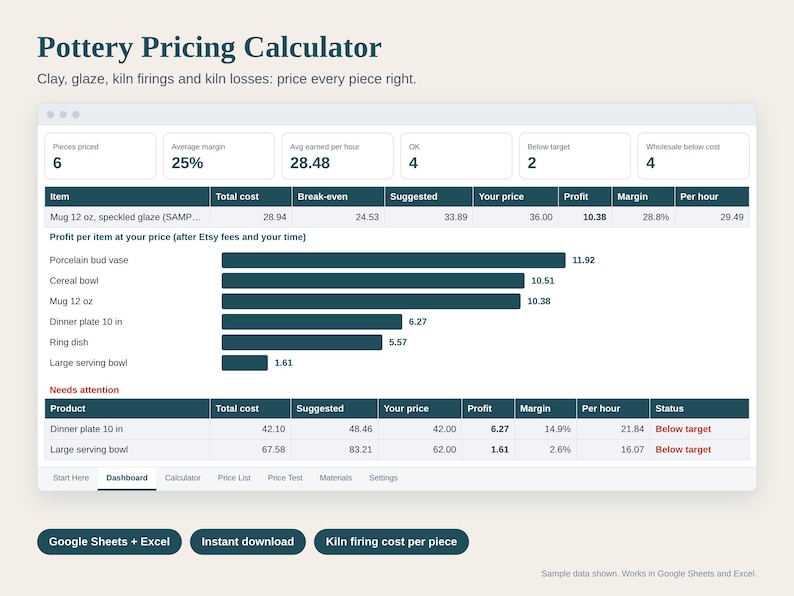 Pottery Pricing Calculator Spreadsheet, Ceramics Cost Calculator, Kiln Firing Cost per Piece, Wholesale and Retail, Google Sheets Excel image 1