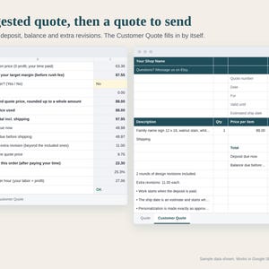Hoja de cálculo para calcular presupuestos de pedidos personalizados, precios de comisión, plantilla de presupuesto de pedidos personalizados, depósito y tarifa por urgencia, Google Sheets Excel imagen 3