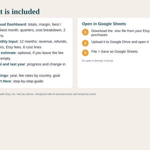 Jährliche Gewinnübersicht für Etsy-Verkäufer, Jahresgewinn- und Verlustrechnung, Einnahmen und Ausgaben für Kleinunternehmen, Google Sheets Excel Bild 5