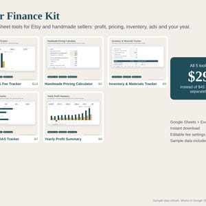 Etsy Seller Spreadsheet Bundle, Profit and Fee Tracker, Pricing Calculator, Inventory, Ads and Yearly Profit Summary, Google Sheets Excel image 1