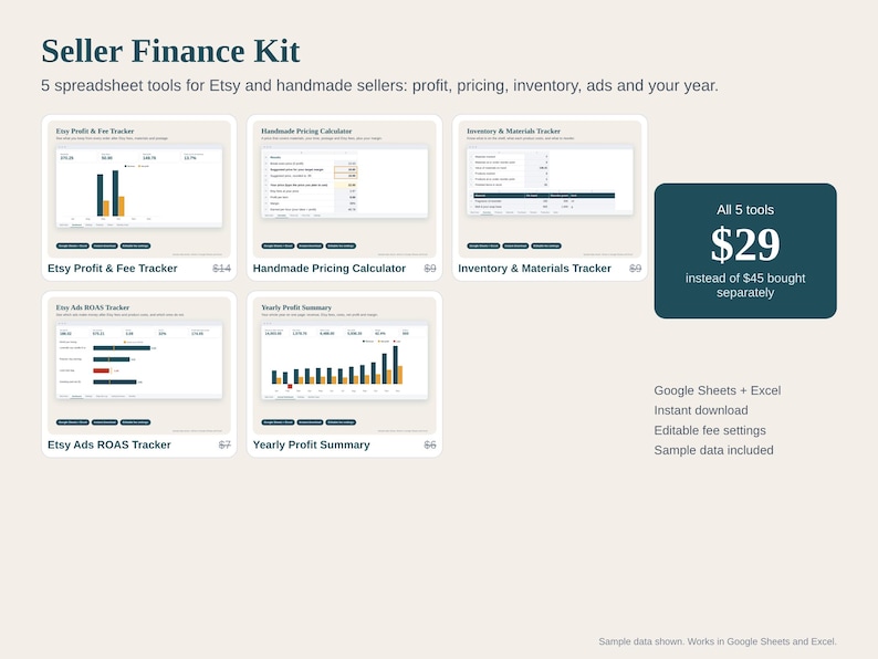 Etsy Seller Spreadsheet Bundle, Profit and Fee Tracker, Pricing Calculator, Inventory, Ads and Yearly Profit Summary, Google Sheets Excel image 1