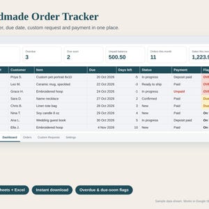 Handmade Order Tracker Spreadsheet, Custom Order and Commission Tracker, Small Business Order Log, Due Dates, Payments, Google Sheets Excel image 1