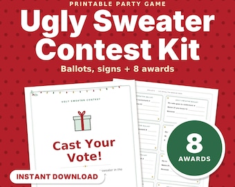 Kit imprimible para concurso de suéteres feos, boletas de votación, letreros, tarjeta de puntuación para jueces y 8 certificados de premios, juego para fiesta de Navidad en formato PDF.