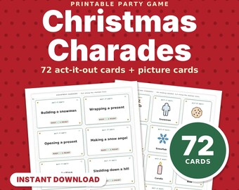 Juego de mímica navideña imprimible, 72 tarjetas para representar con imágenes para niños, familia, adultos y fiestas navideñas de oficina.
