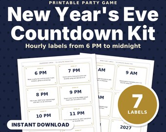 Kit imprimible de cuenta regresiva para Nochevieja para niños, etiquetas para bolsas de cuenta regresiva por hora 2027, Nochevieja al mediodía, cápsula del tiempo y gorro de fiesta en formato PDF.