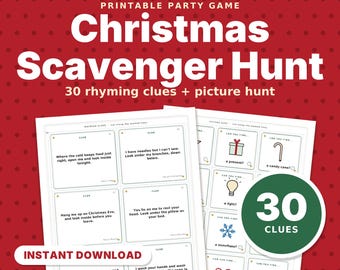 Búsqueda del tesoro navideña imprimible, 30 pistas rimadas para niños, búsqueda de regalos y búsqueda de imágenes, juego navideño familiar en PDF