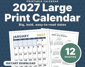 Calendario imprimible de 2027 con letra grande, números grandes y llamativos, calendario mensual de pared fácil de leer para personas mayores, con inicio en domingo y lunes.