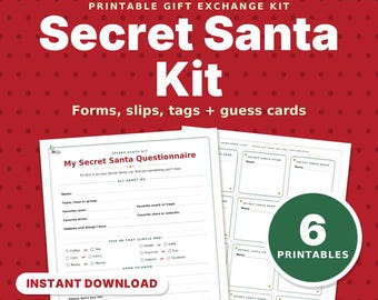 Kit imprimible para el amigo invisible: cuestionario, lista de deseos, hoja de inscripción y boletos para el sorteo de nombres para el intercambio de regalos entre la oficina, la familia y los amigos.