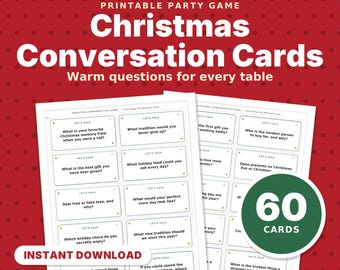 Tarjetas imprimibles para iniciar conversaciones navideñas, 60 preguntas para la mesa en cenas familiares, fiestas de oficina y para niños, juego rompehielos navideño