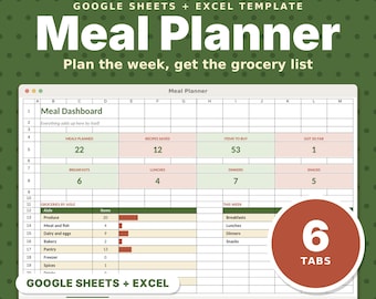 Planificador de comidas en formato de hoja de cálculo, plantilla para Google Sheets y Excel, plan de comidas semanal con lista de la compra automática y organizador de recetas.