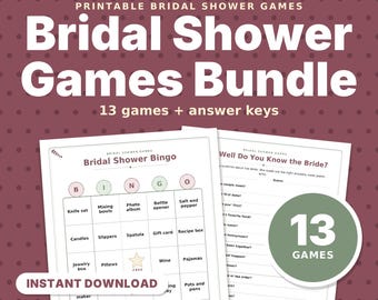 Paquete de juegos imprimibles para despedida de soltera, 13 juegos, bingo, "¿Qué tan bien conoces a la novia?", "¿Quién es más probable?" y tarjetas de consejos en formato PDF.