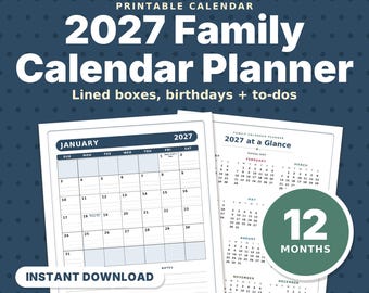 Calendario familiar imprimible para 2027, calendario mensual colorido con casillas rayadas, cumpleaños y listas de tareas, con inicio en domingo y lunes.