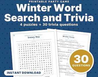 Sopa de letras y juego de preguntas y respuestas de invierno para imprimir, 4 sopas de letras y 30 preguntas de trivia para niños, adultos y personas mayores, actividad para un día de nieve.