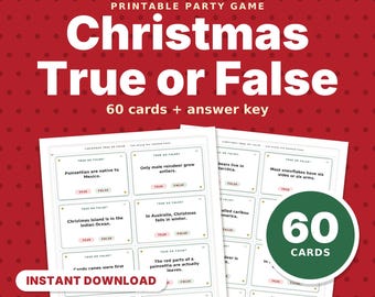 Juego imprimible de Verdadero o Falso de Navidad, 60 tarjetas de preguntas navideñas con clave de respuestas para niños y adultos, juego ideal para fiestas familiares y escolares.