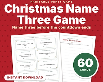 Juego imprimible de Navidad para adivinar tres nombres, 60 tarjetas de pensamiento rápido y hoja de jugador, juego de fiesta rápido para niños, familia, adultos y oficina.