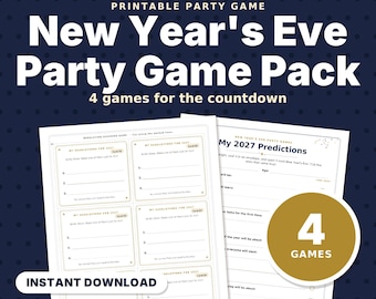 Juegos imprimibles para la fiesta de Nochevieja, 4 juegos de Nochevieja para adultos y familia: Trivia, Juego de propósitos, Predicciones para 2027, Cápsula del tiempo en PDF