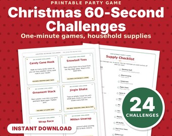 Juegos navideños de 60 segundos para imprimir, 24 juegos de fiesta de un minuto con lista de materiales para niños, familia, adolescentes y oficina.