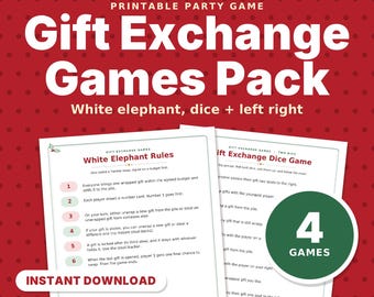 Paquete de juegos imprimibles para intercambio de regalos: reglas del juego del elefante blanco, juego de dados, cuentos navideños de izquierda y derecha y poema "Pasa el regalo". Juego de fiesta en PDF.