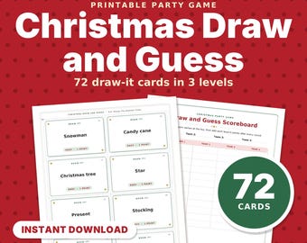 Juego de adivinanzas navideño imprimible, 72 tarjetas de dibujo con marcador para niños, familia, adultos y fiestas de oficina.