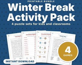 Paquete de actividades imprimibles para las vacaciones de invierno: sopa de letras navideña, crucigramas, rompecabezas de imágenes y preguntas de cultura general sobre el invierno para niños y aulas.