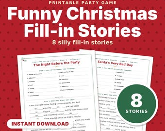 Historias navideñas para completar (imprimibles), 8 divertidos juegos de palabras navideños para niños, familia y fiestas de oficina.