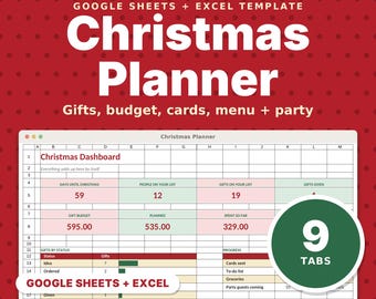 Planificador navideño en formato de hoja de cálculo, plantillas para Google Sheets y Excel, registro de regalos y presupuesto, lista de tarjetas navideñas, menú y planificador de fiestas.