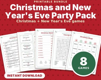 Paquete de juegos para fiestas de Navidad y Nochevieja, juegos imprimibles para adultos y niños, trivial, bingo, juego de propósitos de Año Nuevo en PDF.