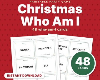 Juego navideño imprimible "¿Quién soy?", 48 tarjetas de adivinanzas con diademas para niños, familia, adultos y fiestas navideñas de oficina.