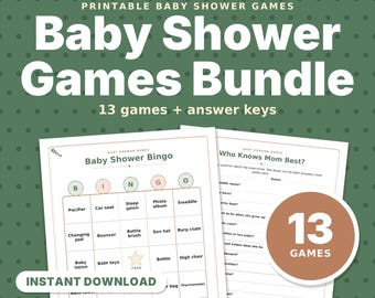 Paquete de juegos imprimibles para baby shower: 13 juegos neutros en cuanto al género, bingo, "¿Quién conoce mejor a mamá?", cuestionario de rimas infantiles y tarjetas de consejos en formato PDF.