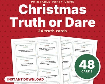 Juego de Verdad o Reto Navideño Imprimible, 48 Tarjetas para toda la familia para niños, adolescentes y adultos, Juego para Fiestas Navideñas