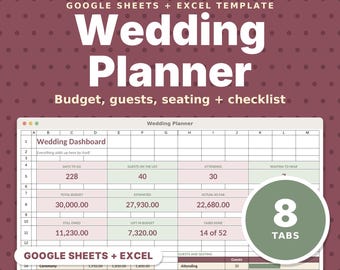 Plantilla para planificar bodas (hoja de cálculo, Google Sheets y Excel), presupuesto, lista de invitados y seguimiento de confirmaciones de asistencia, plano de asientos y lista de verificación.