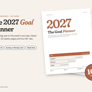 Puede incluir: Un planificador de objetivos 2027 de 102 páginas en descarga digital con calendarios fechados, 53 páginas semanales y cuatro misiones de 90 días. Incluye secciones para año, trimestre, 90 días y semana, con acentos color óxido y texto negro.