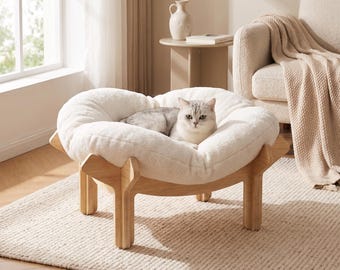 Elevated Wooden Cat Sofa Bed, Soft Cushion Lounger for Cats and Small Dogs