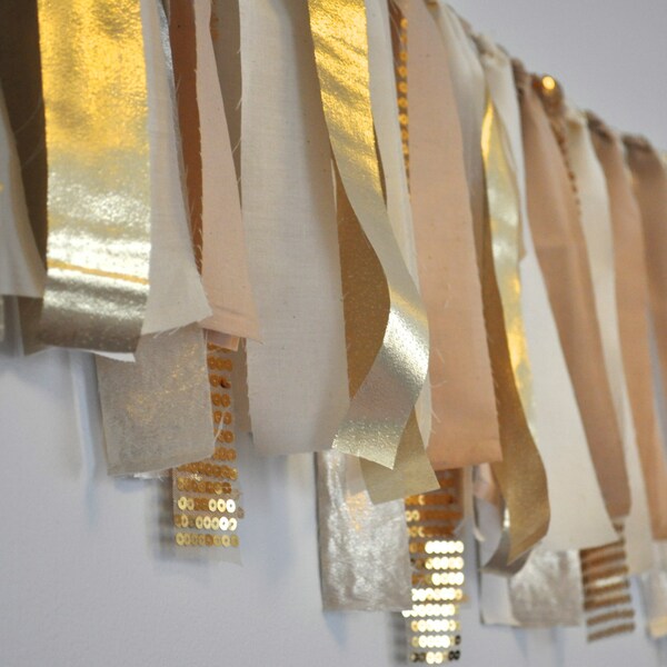 READY TO SHIP - Gold with glitter sequins and tan tea stained nude Fabric "rag" garland - Wedding & Party decor, photo backdrop
