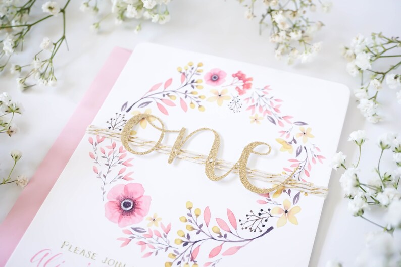 Baby girl invitation 1st Birthday invite First birthday invitation Glitter flower One invite Floral Boho first Pink Gold One party