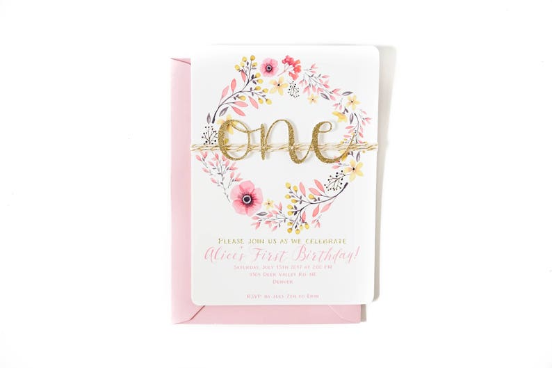 Baby girl invitation 1st Birthday invite First birthday invitation Glitter flower One invite Floral Boho first Pink Gold One party