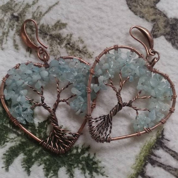 GORGEOUS TREE OF Life heart shaped earrings blue aquamarine  copper vintage unique beautiful gift chunky crystal hippie jewelry gemstone